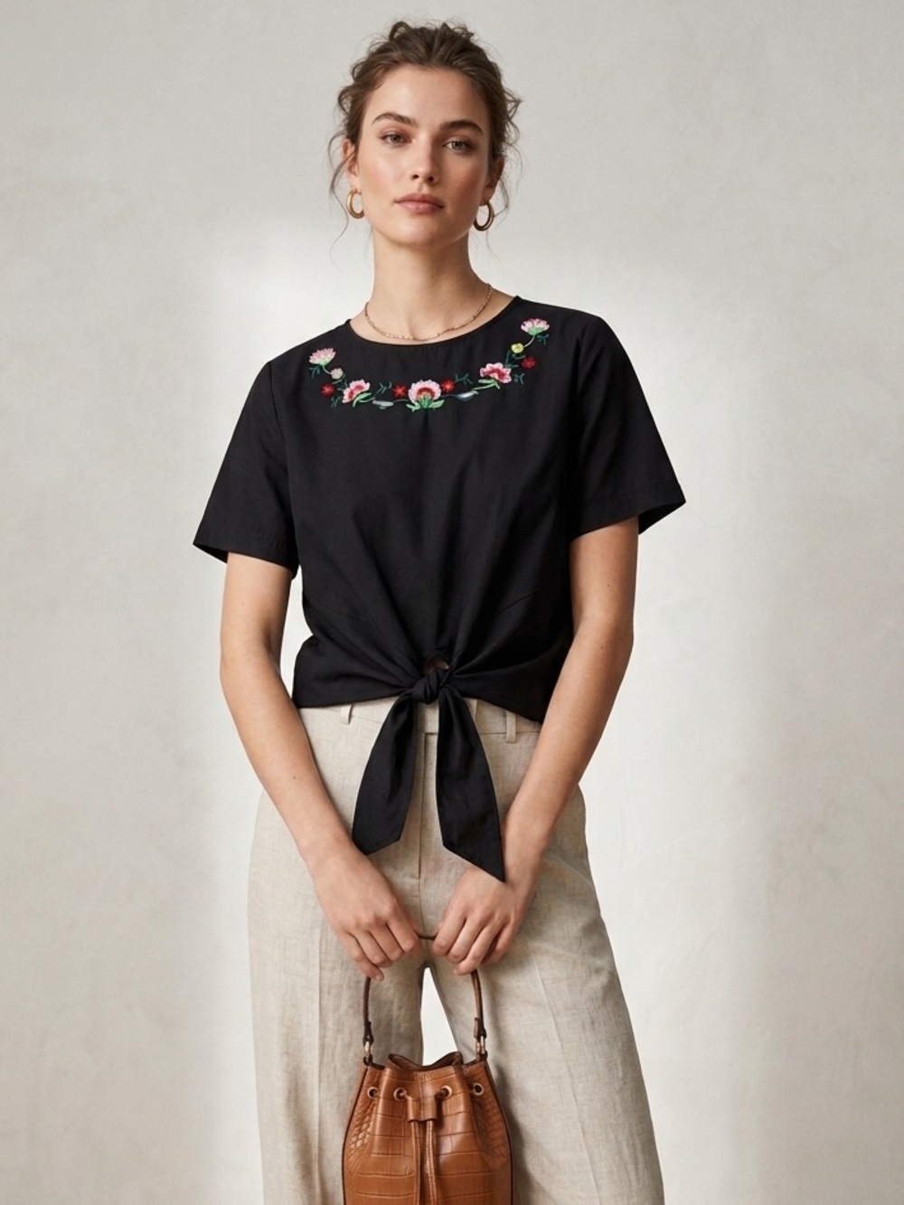 bleuh ciel Black Short-Sleeve Tie-Front Top with Floral Embroidery